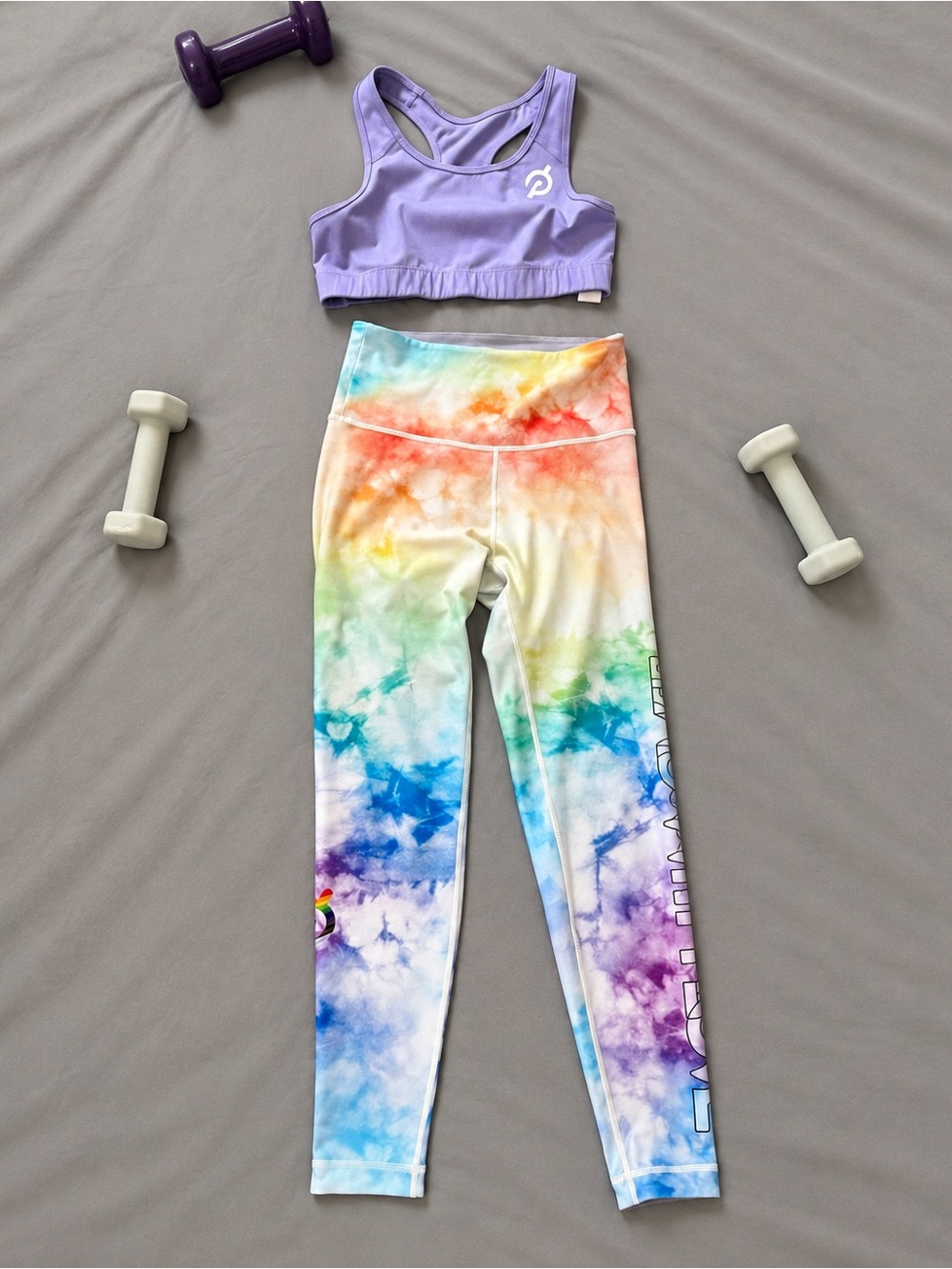Peloton Lavender Racerback Sports Bra with Rainbow Tie-Dye Leggings